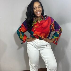 Vintage Colorful Maximalist 100% Silk Blouse 80s Eclectic Button Up Top Dopamine